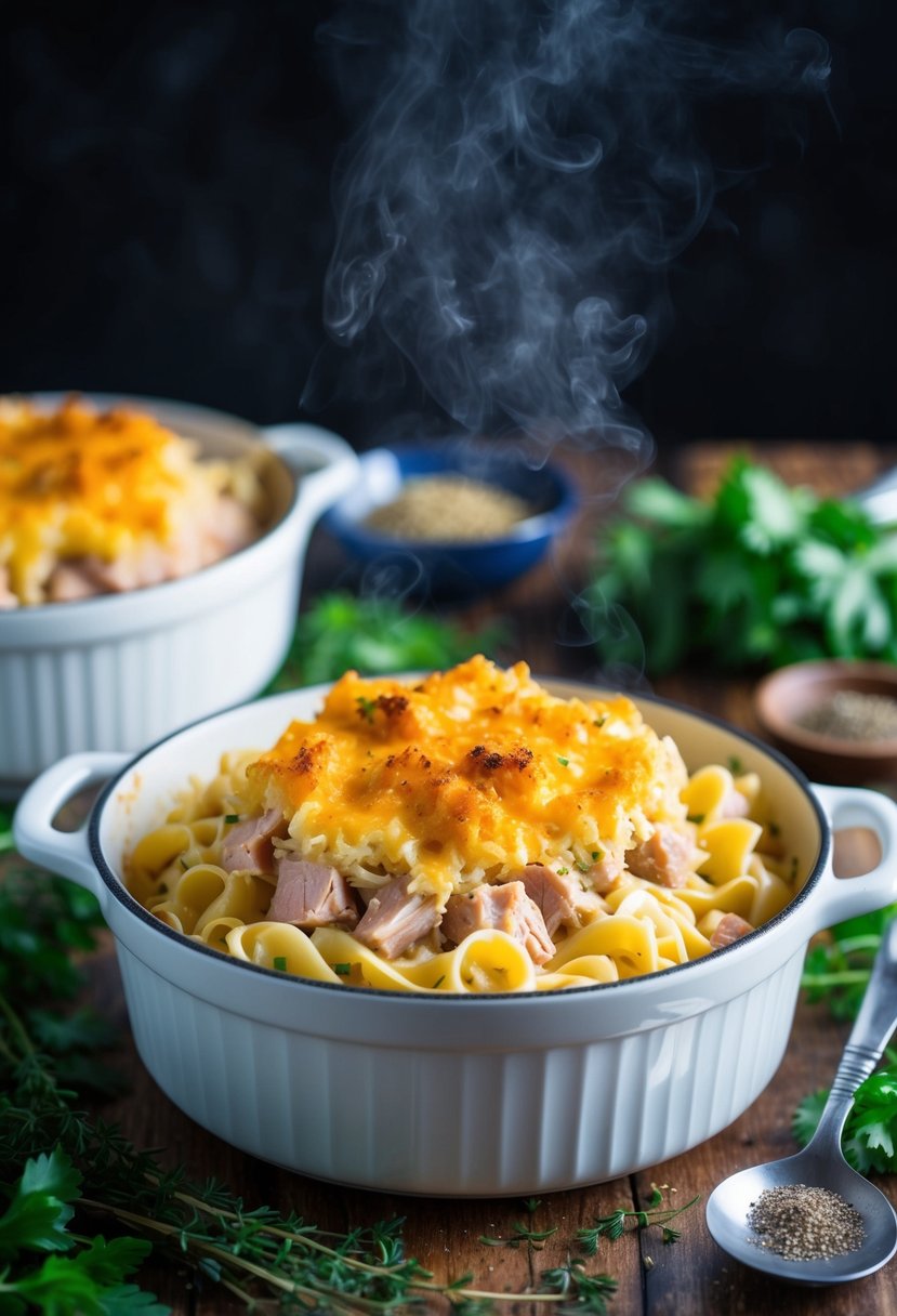 A steaming casserole dish filled with albacore tuna and egg noodles, topped with a golden brown crust, surrounded by fresh herbs and spices