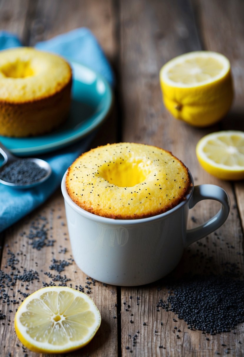 A lemon poppy seed mug cake sits on a rustic wooden table, surrounded by scattered poppy seeds and a sliced lemon