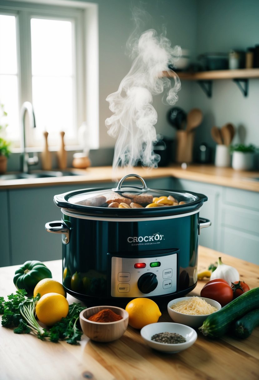 A crockpot surrounded by fresh ingredients and spices, with steam rising from the pot as a delicious aroma fills the kitchen