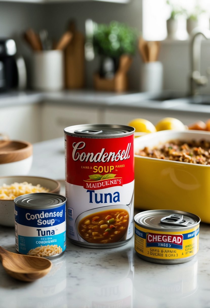 A can of condensed soup and a can of tuna sit on a kitchen counter, surrounded by ingredients and a casserole dish