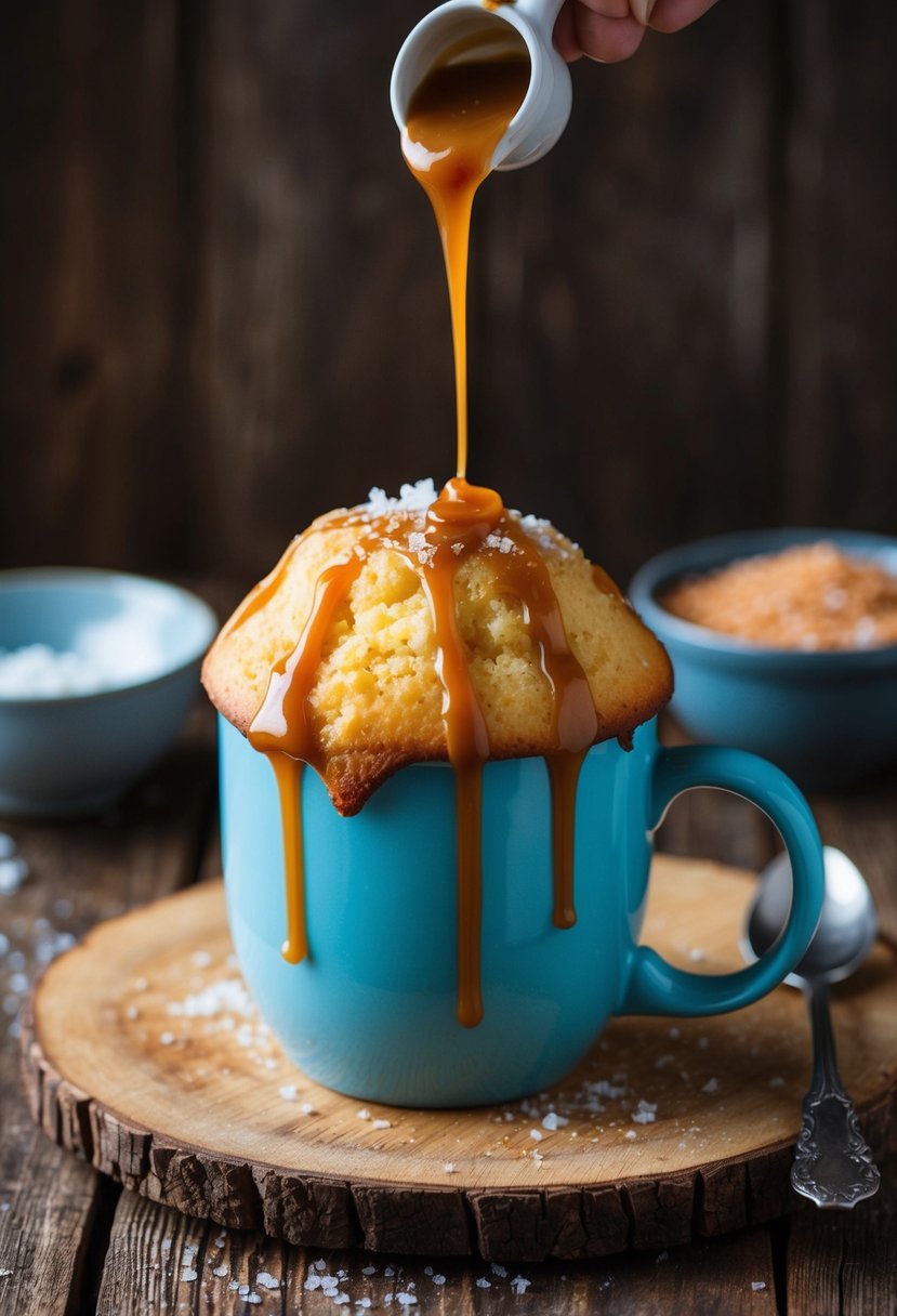 A mug cake sits on a rustic wooden table, topped with a drizzle of salted caramel and a sprinkle of sea salt