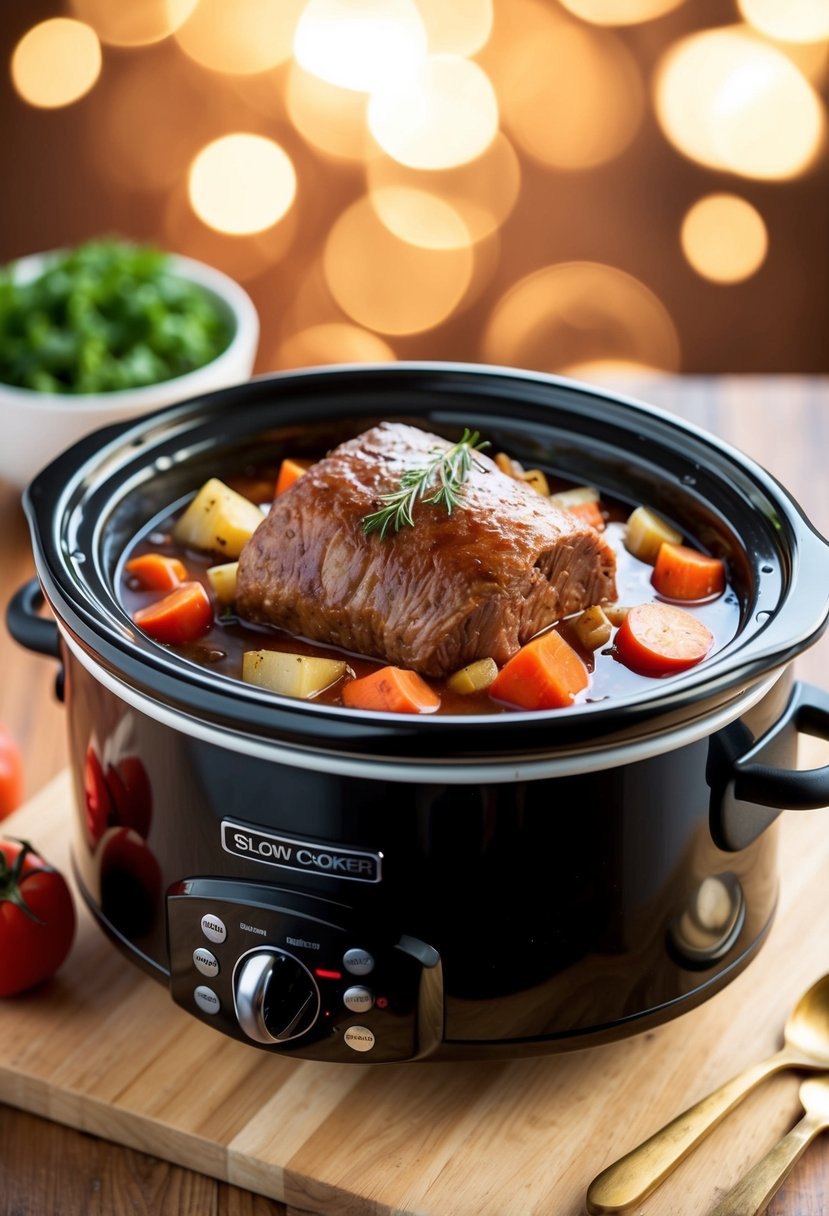 A bubbling slow cooker filled with savory pot roast and vegetables