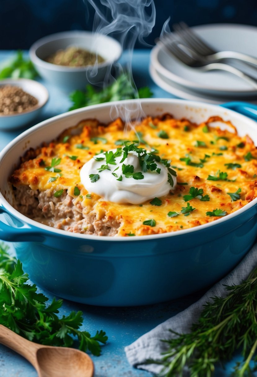 A steaming tuna casserole dish with a dollop of sour cream on top, surrounded by fresh herbs and spices