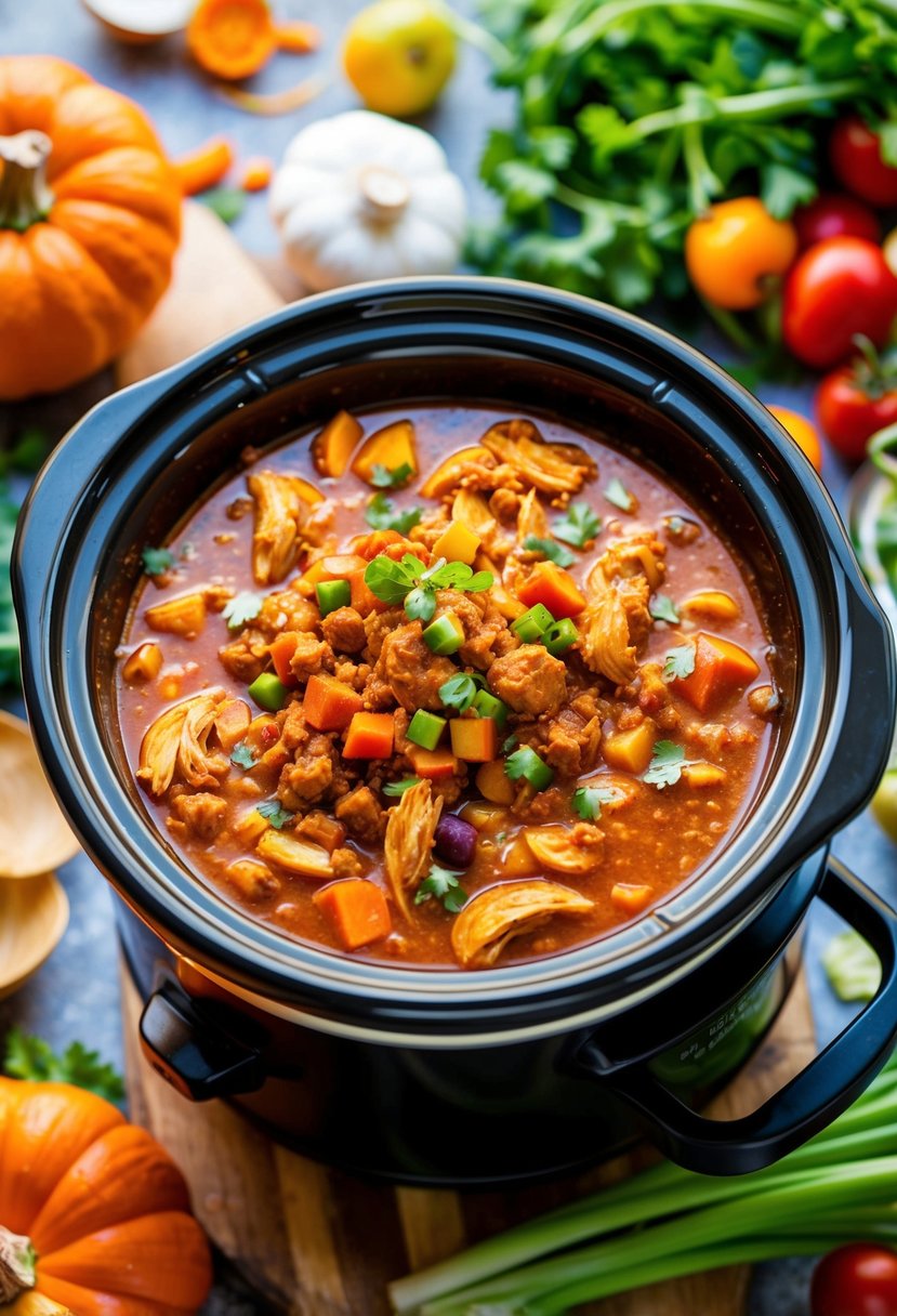 A bubbling crockpot filled with buffalo chicken chili, surrounded by colorful vegetables and spices