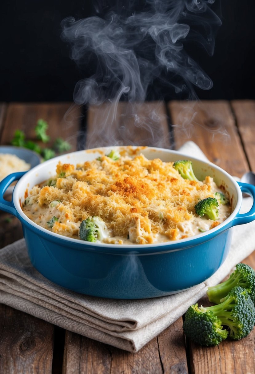 A steaming casserole dish filled with creamy tuna and broccoli casserole, topped with a golden layer of breadcrumbs, sits on a rustic wooden table