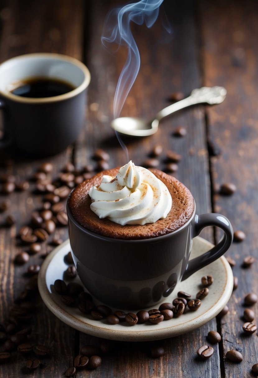 A steaming mocha espresso mug cake sits on a rustic wooden table, surrounded by scattered coffee beans and a vintage spoon