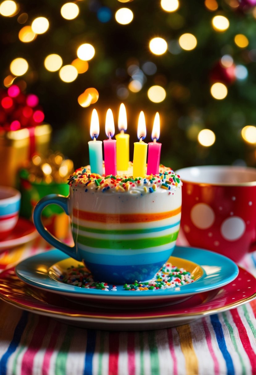 A colorful mug cake surrounded by sprinkles and candles on a festive table setting