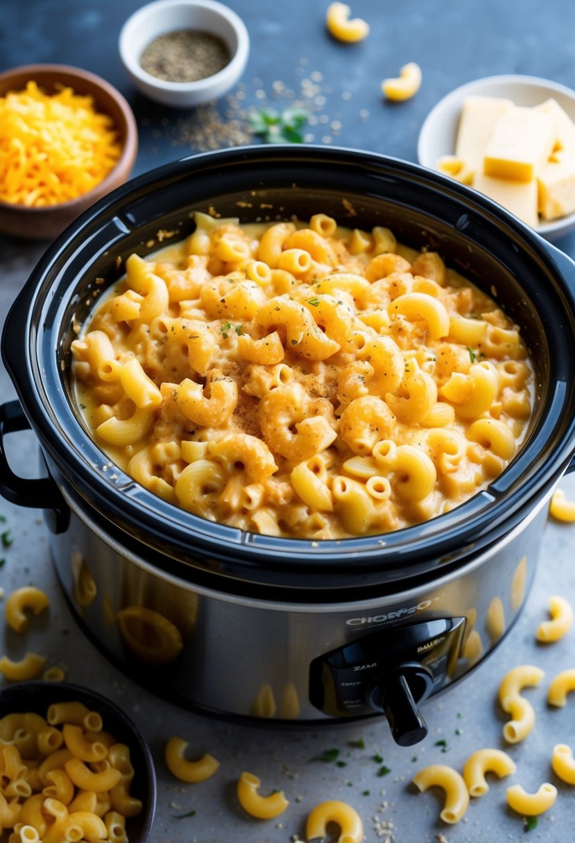 A bubbling crockpot filled with creamy mac and cheese, surrounded by scattered ingredients like cheese, pasta, and seasonings