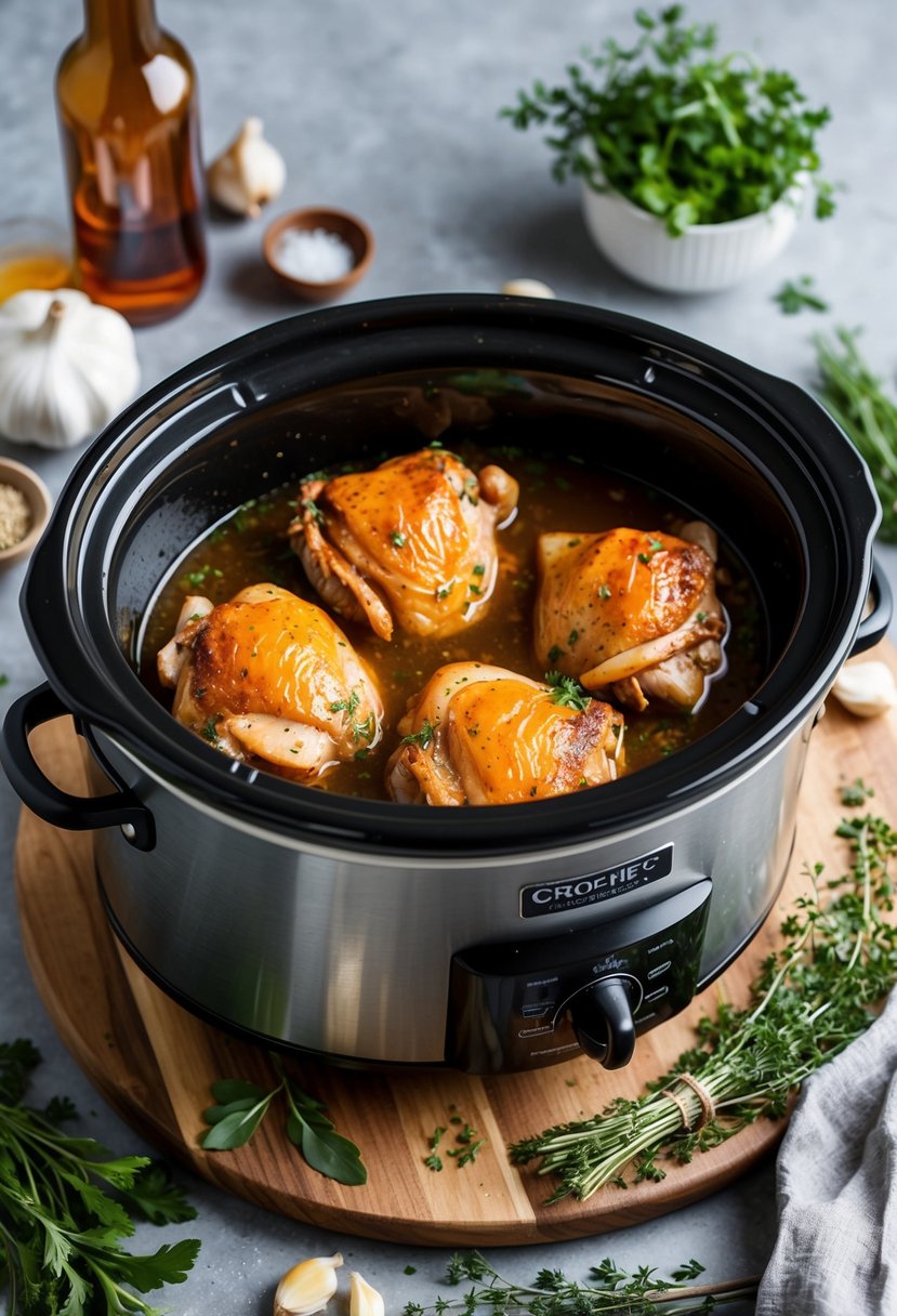 A crockpot filled with honey garlic chicken thighs, surrounded by fresh herbs and ingredients