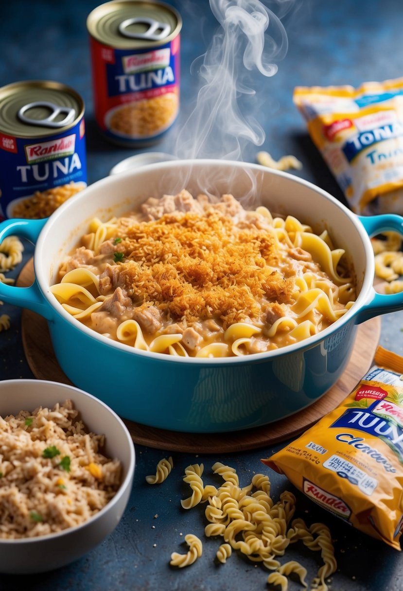 A steaming casserole dish filled with egg noodles, creamy tuna sauce, and a golden breadcrumb topping, surrounded by scattered ingredients like cans of tuna and bags of noodles