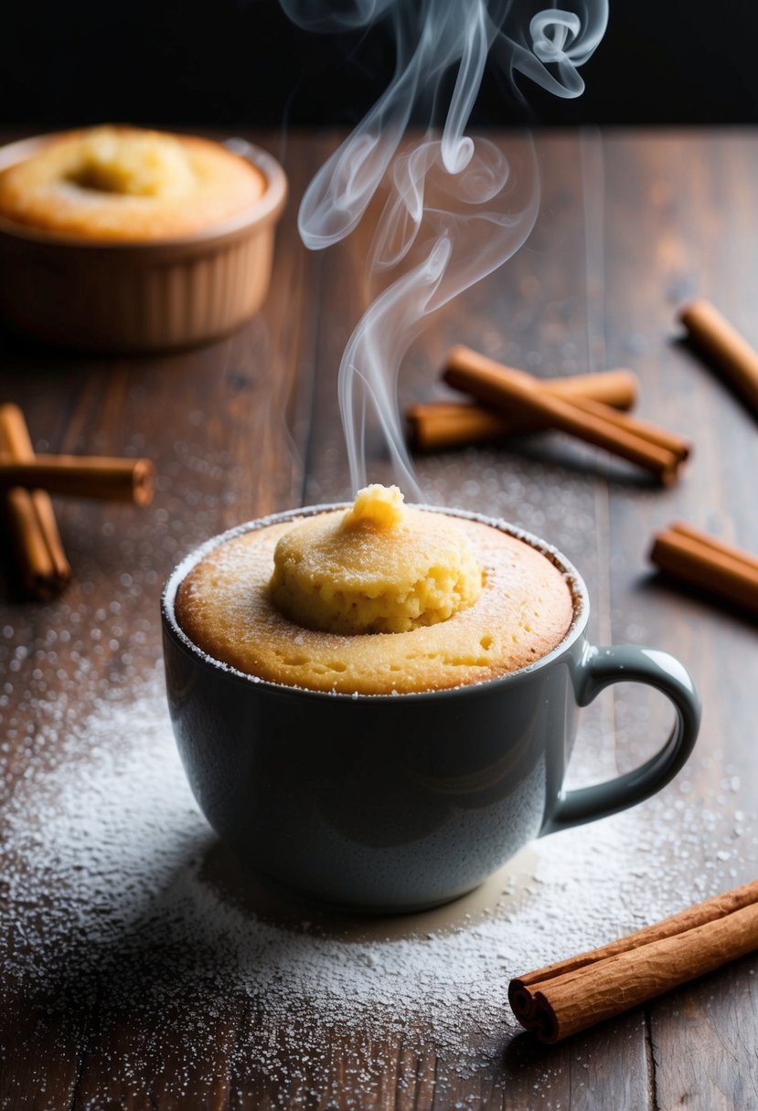 A steaming mug cake sits on a table, surrounded by scattered cinnamon sticks and a dusting of powdered sugar