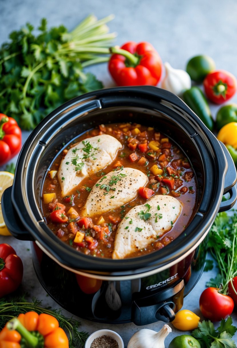 A crockpot filled with salsa, chicken breasts, and seasoning, surrounded by colorful vegetables and herbs