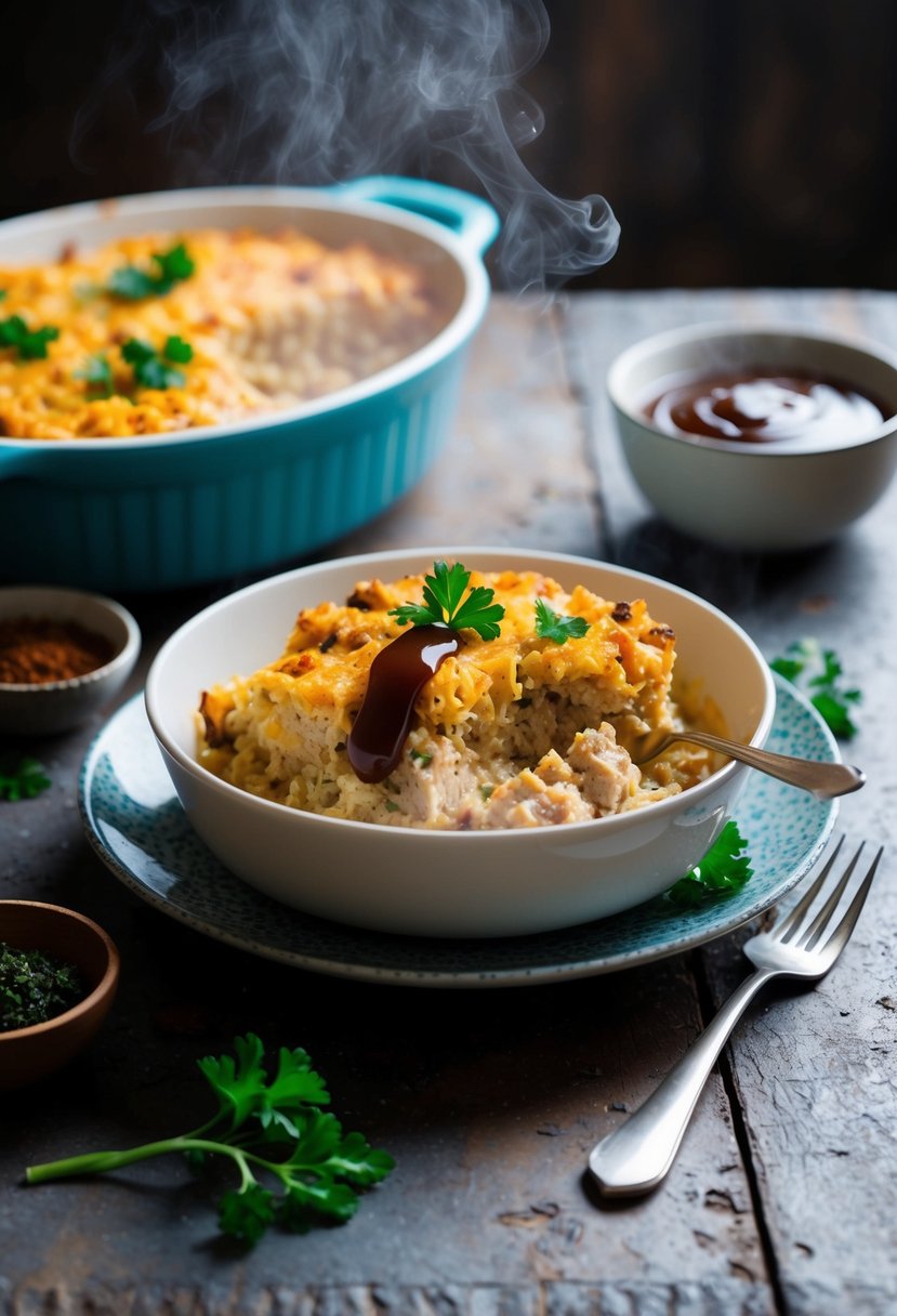 A steaming tuna casserole sits on a rustic dining table, with a sprinkle of parsley and a drizzle of Worcestershire sauce adding a pop of color and flavor