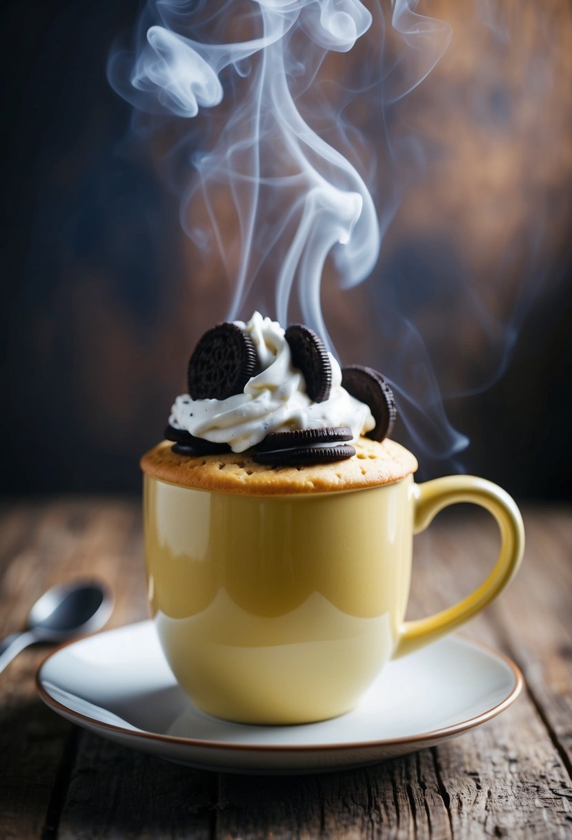 A steaming mug cake topped with cookies and cream, sitting on a rustic wooden table