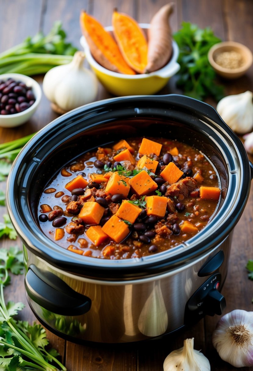 A bubbling crockpot filled with sweet potato, black beans, and chili, surrounded by fresh ingredients like onions, garlic, and spices