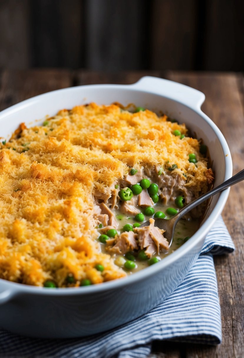 A warm casserole dish filled with creamy tuna and peas, topped with a golden layer of breadcrumbs, sits on a rustic wooden table