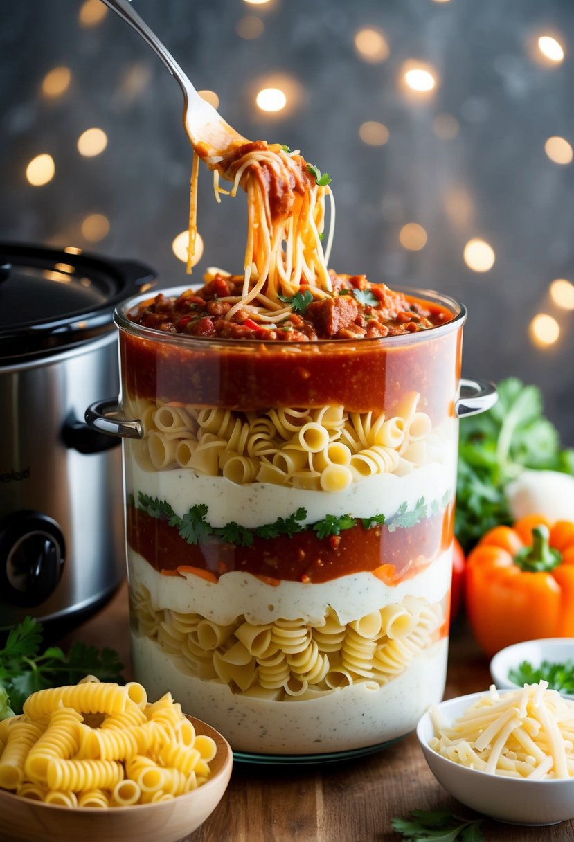 Layers of pasta, sauce, and cheese arranged in a slow cooker, surrounded by fresh ingredients and a crockpot