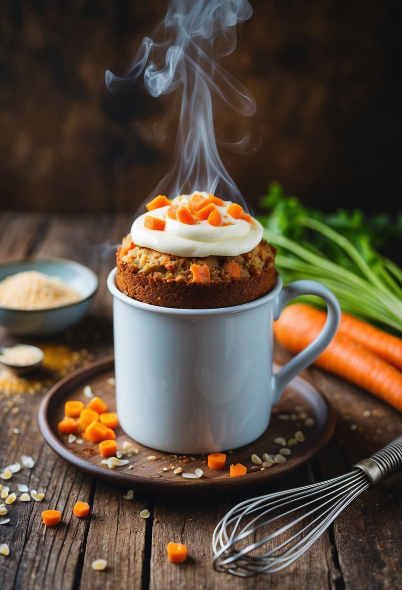 A steaming mug of carrot cake mug cake sits on a rustic wooden table, surrounded by scattered ingredients and a vintage whisk