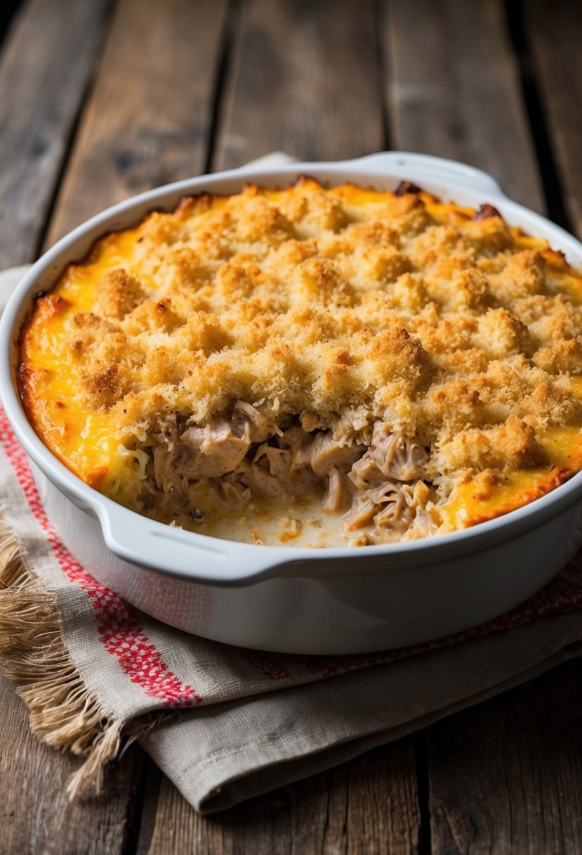 A bubbling tuna casserole, topped with golden buttery breadcrumbs, sits fresh out of the oven on a rustic wooden table