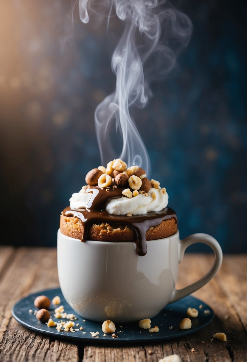 A steaming mug cake topped with Nutella and crushed hazelnuts on a rustic wooden table