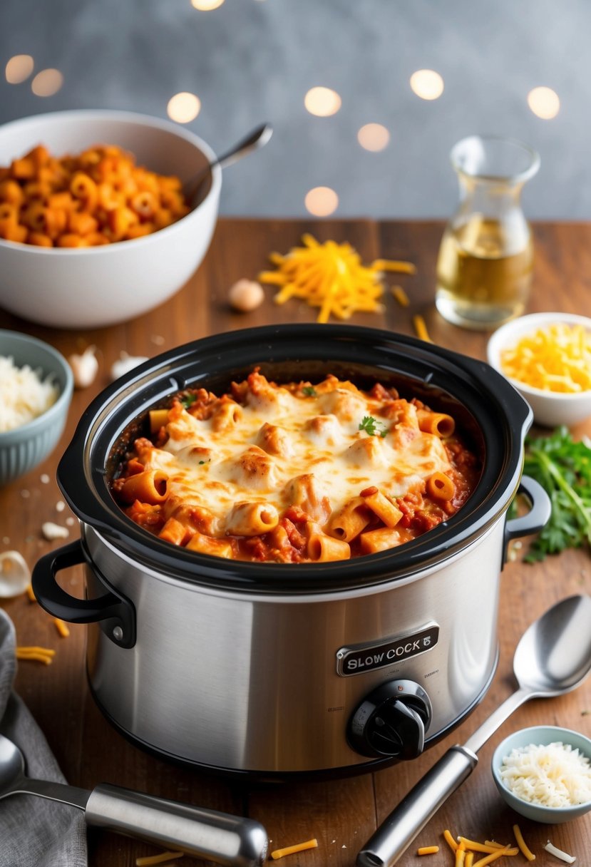 A bubbling slow cooker filled with cheesy baked ziti, surrounded by scattered ingredients and a kitchen utensil