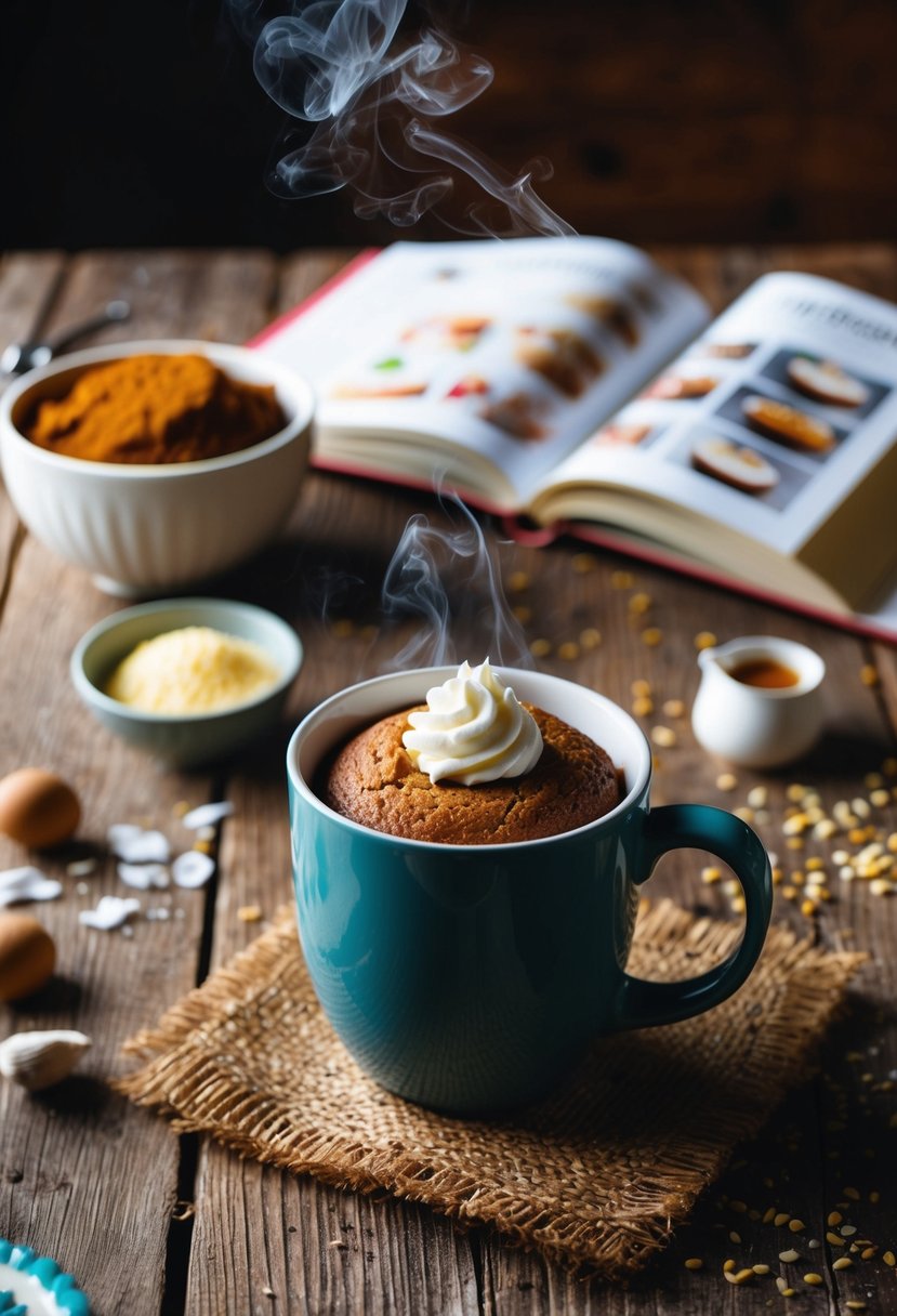 A cozy kitchen scene with a steaming mug of gingerbread mug cake sitting on a rustic wooden table, surrounded by scattered ingredients and a recipe book open to mug cake recipes