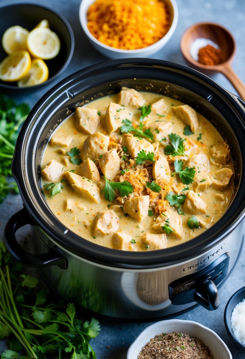 A crockpot filled with creamy chicken tetrazzini surrounded by fresh ingredients and spices