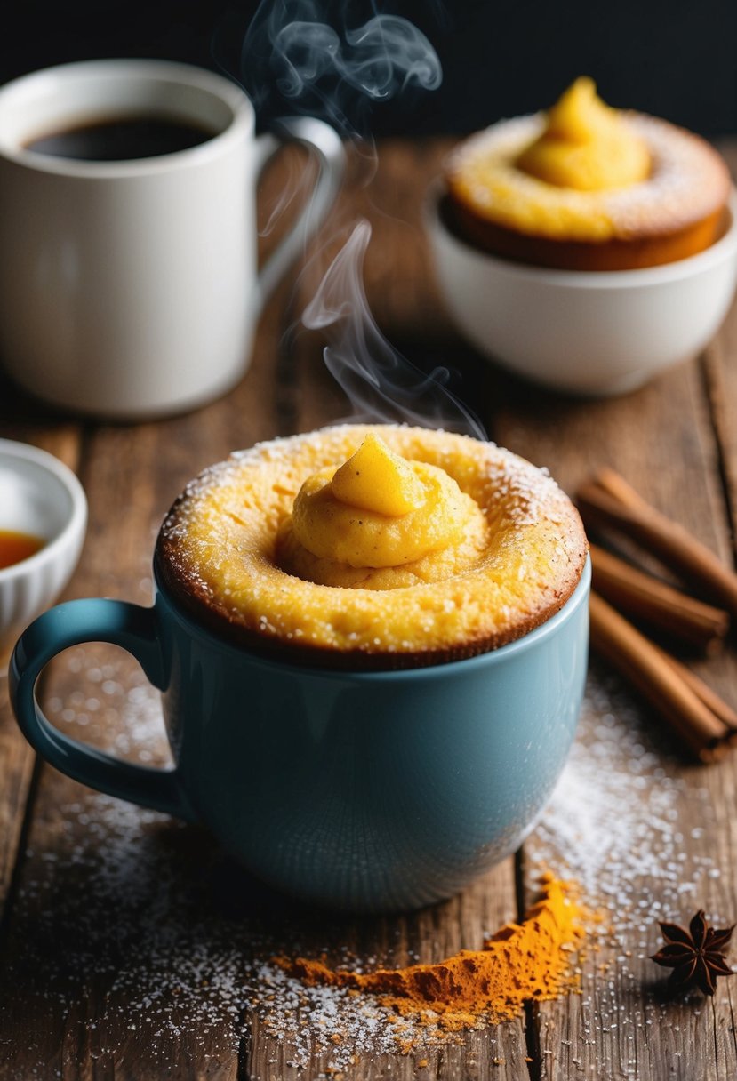 A steaming mug cake sits on a rustic wooden table, surrounded by warm spices and a sprinkle of powdered sugar