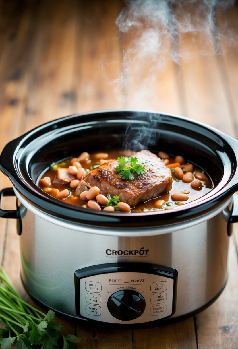 A crockpot filled with simmering pork, beans, and vegetables, emitting a savory aroma