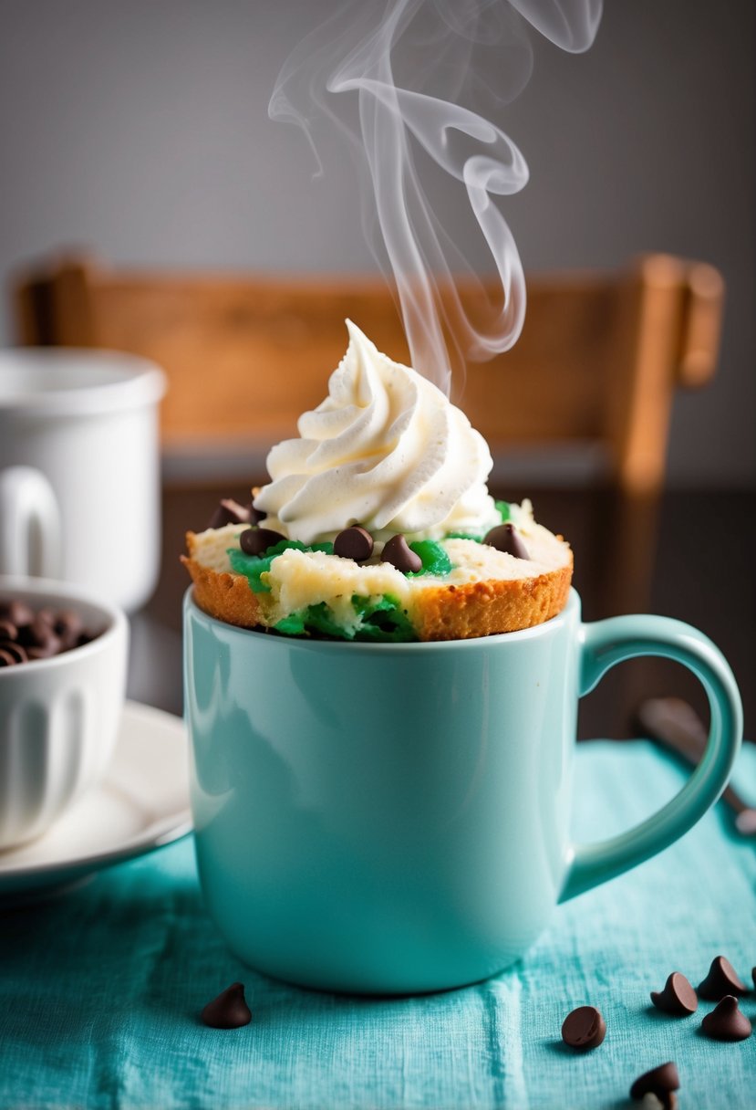 A steaming mug cake sits on a table, filled with mint chocolate chips and topped with a dollop of whipped cream