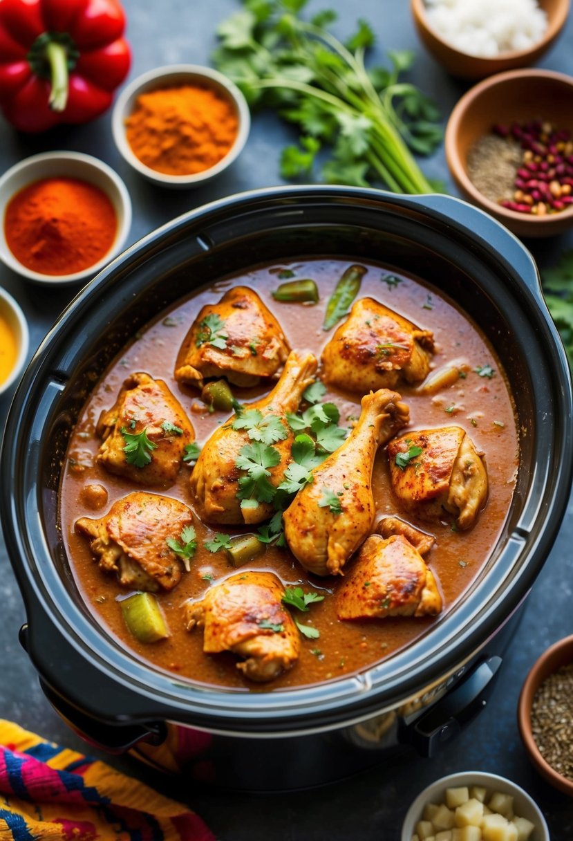 A slow cooker filled with aromatic chicken curry surrounded by colorful spices and vegetables