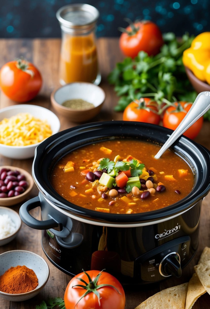 A crockpot simmering with enchilada soup surrounded by colorful ingredients like tomatoes, beans, and spices