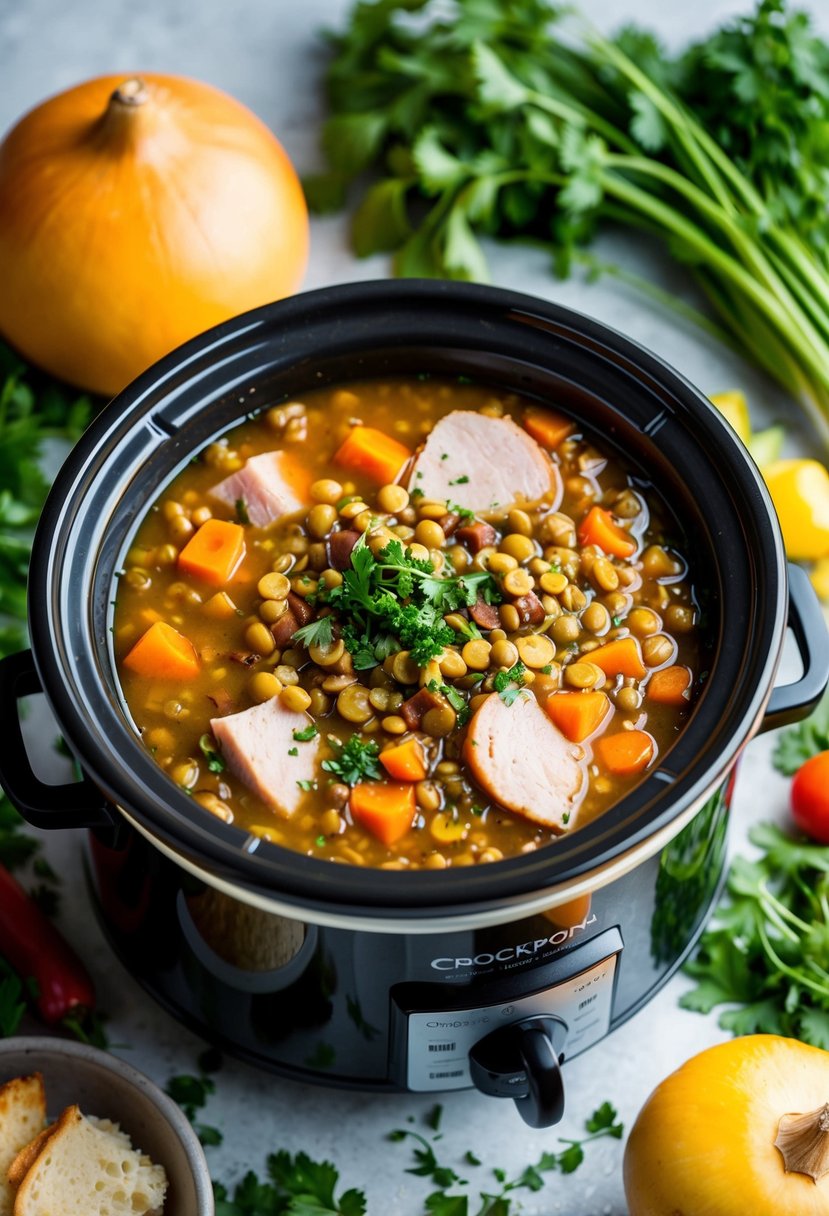 A bubbling crockpot filled with hearty ham and lentil soup, surrounded by fresh vegetables and herbs