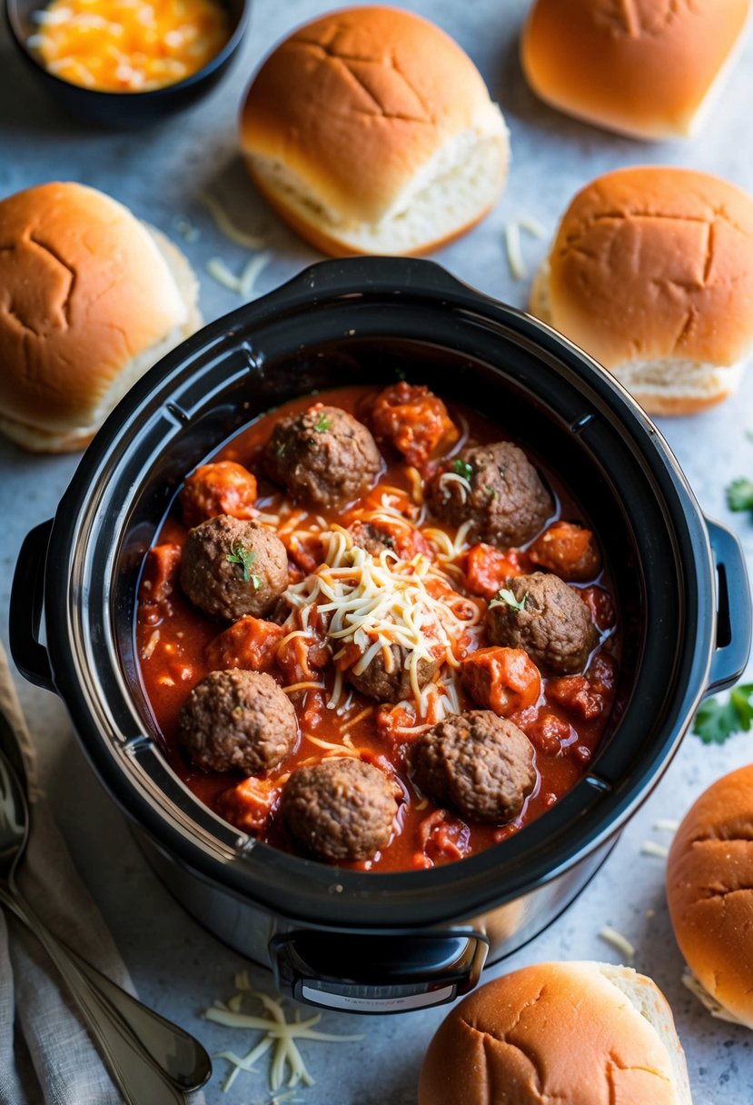 A bubbling crockpot filled with meatballs and marinara sauce, surrounded by fresh sub rolls and a sprinkle of melted cheese