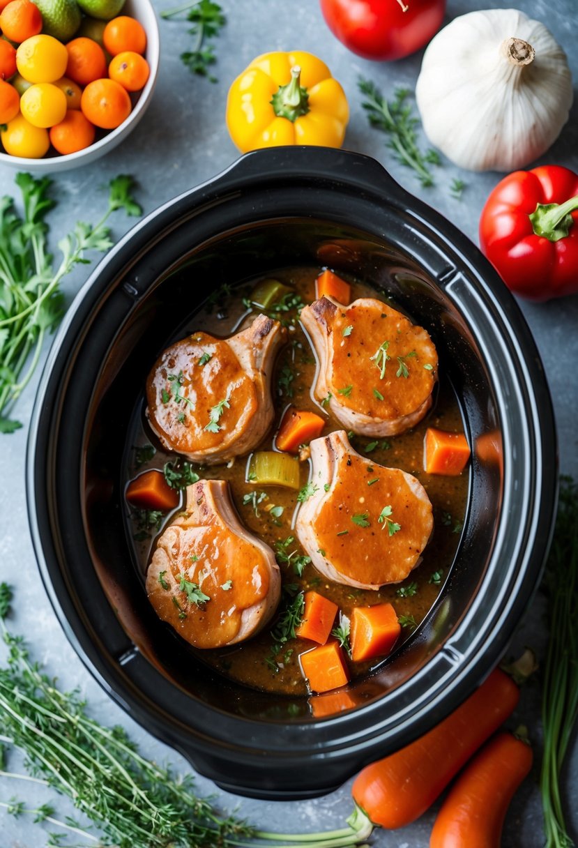 Pork chops simmering in a crockpot with a sweet glaze, surrounded by colorful vegetables and herbs