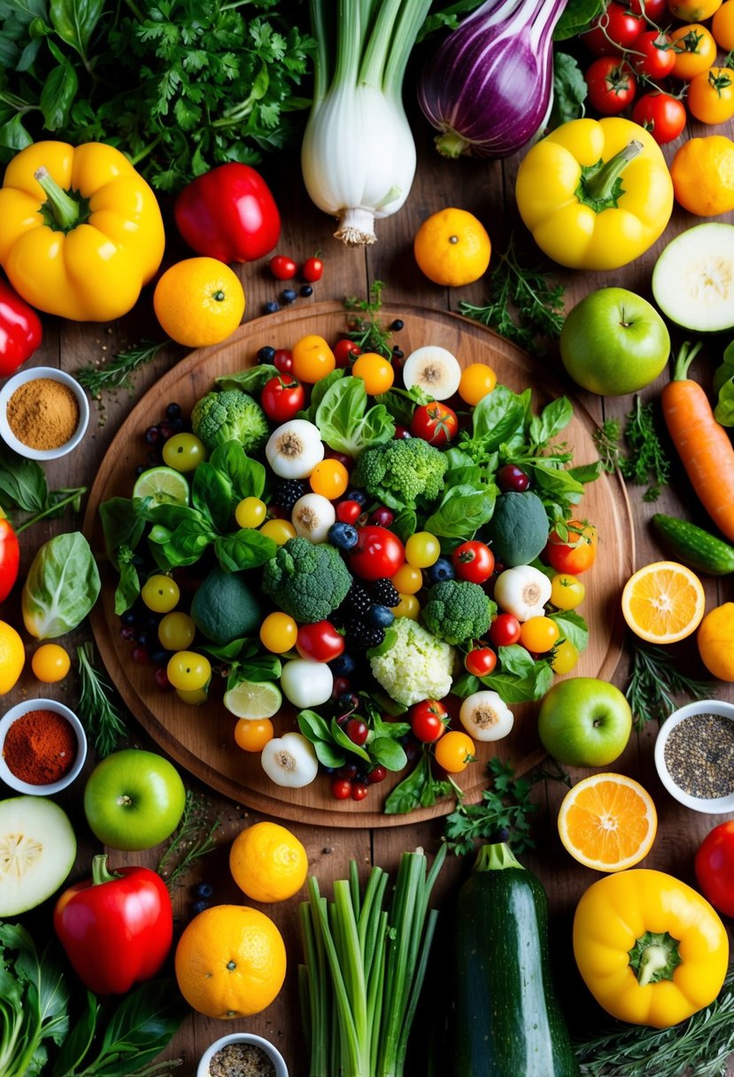 A colorful array of fresh vegetables and fruits spread out on a wooden cutting board, surrounded by various herbs and spices