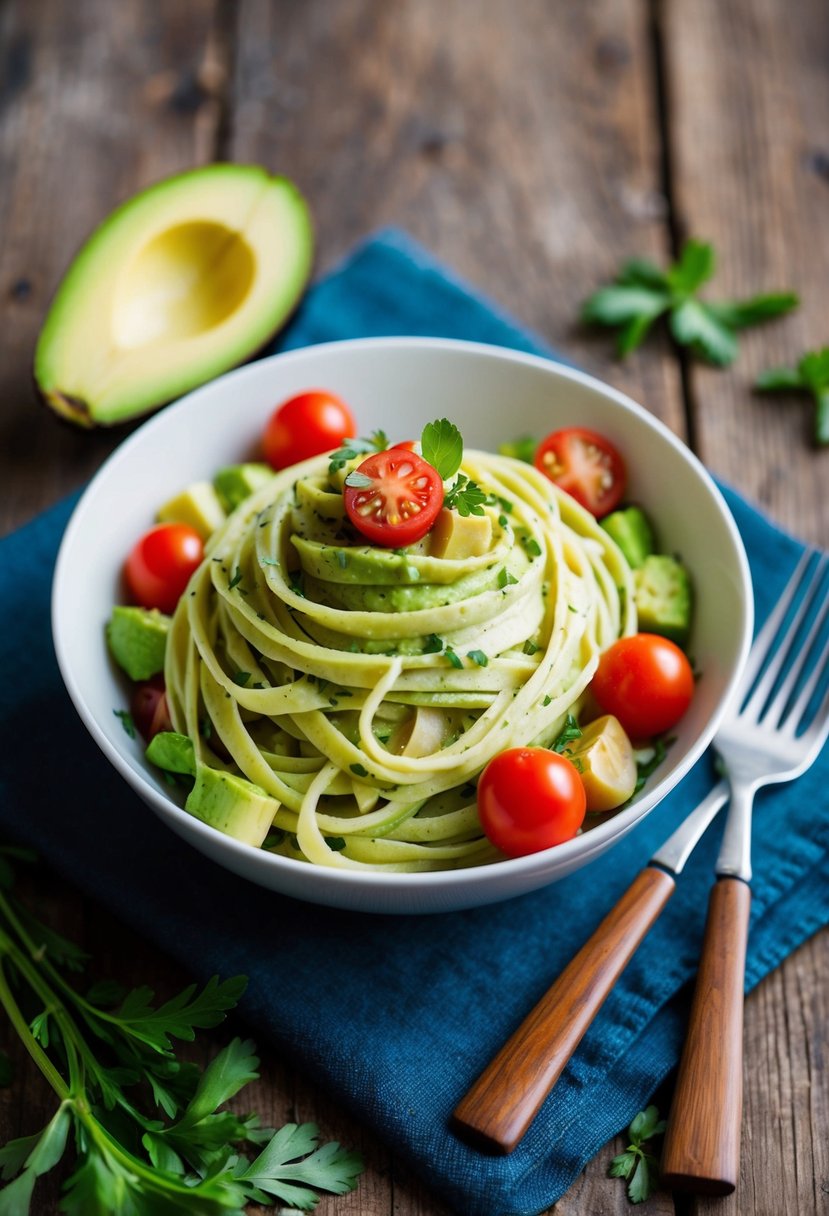 A bowl of creamy avocado pasta topped with fresh herbs and cherry tomatoes on a rustic wooden table