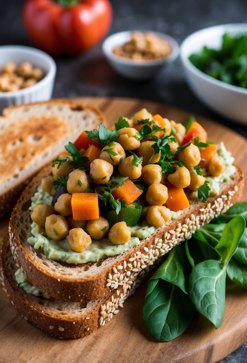 A colorful array of chickpeas, diced vegetables, and fresh herbs piled high on a toasted whole grain bread, with a side of leafy greens