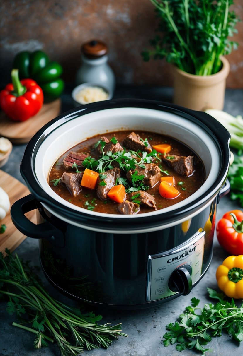 A crockpot simmering with savory beef stew, surrounded by fresh vegetables and herbs on a rustic kitchen counter