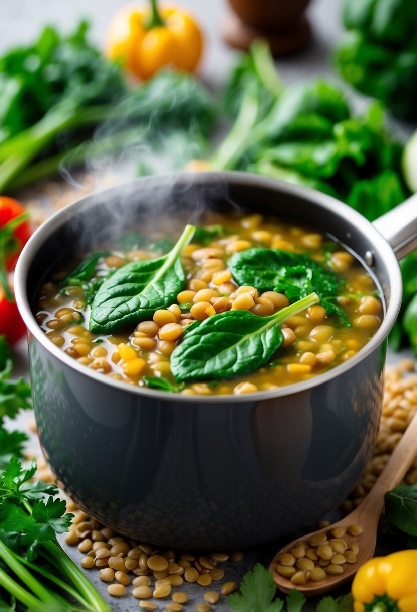 A steaming pot of lentil soup with vibrant green spinach leaves floating on top, surrounded by fresh vegetables and herbs