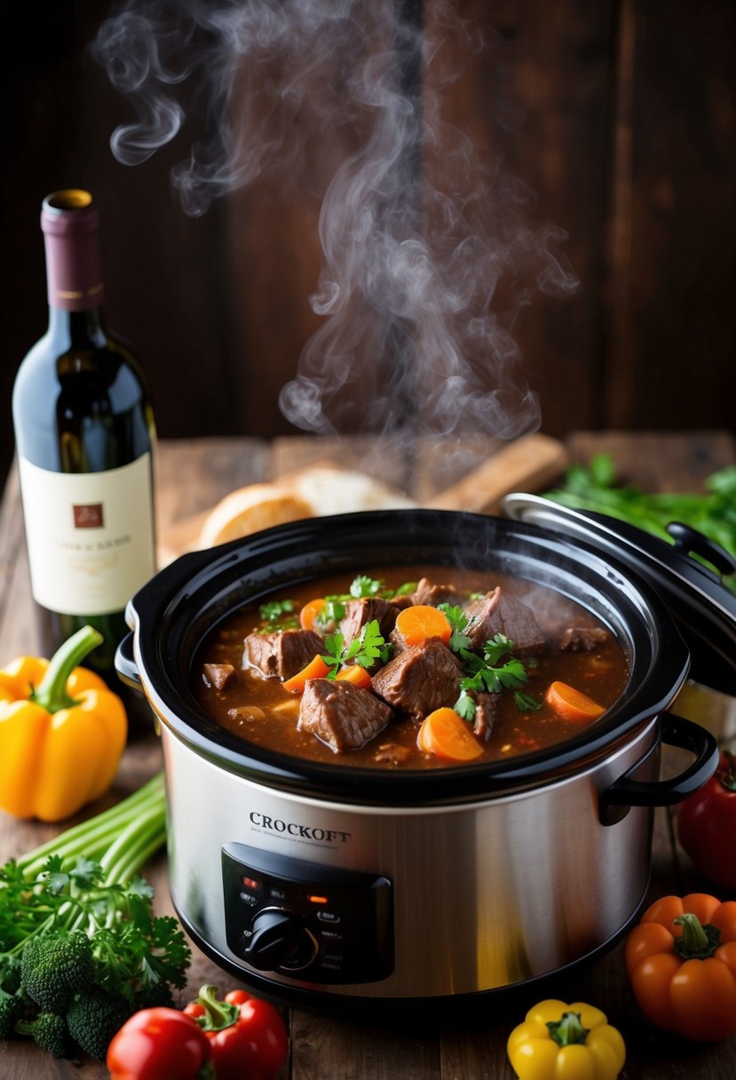 A steaming crockpot filled with hearty beef stew, surrounded by fresh vegetables and a bottle of red wine