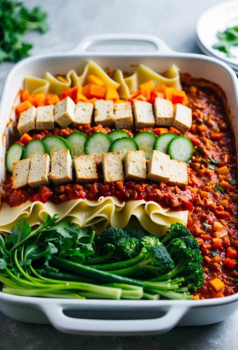 A colorful array of fresh vegetables and tofu arranged in layers with lasagna noodles and marinara sauce in a baking dish