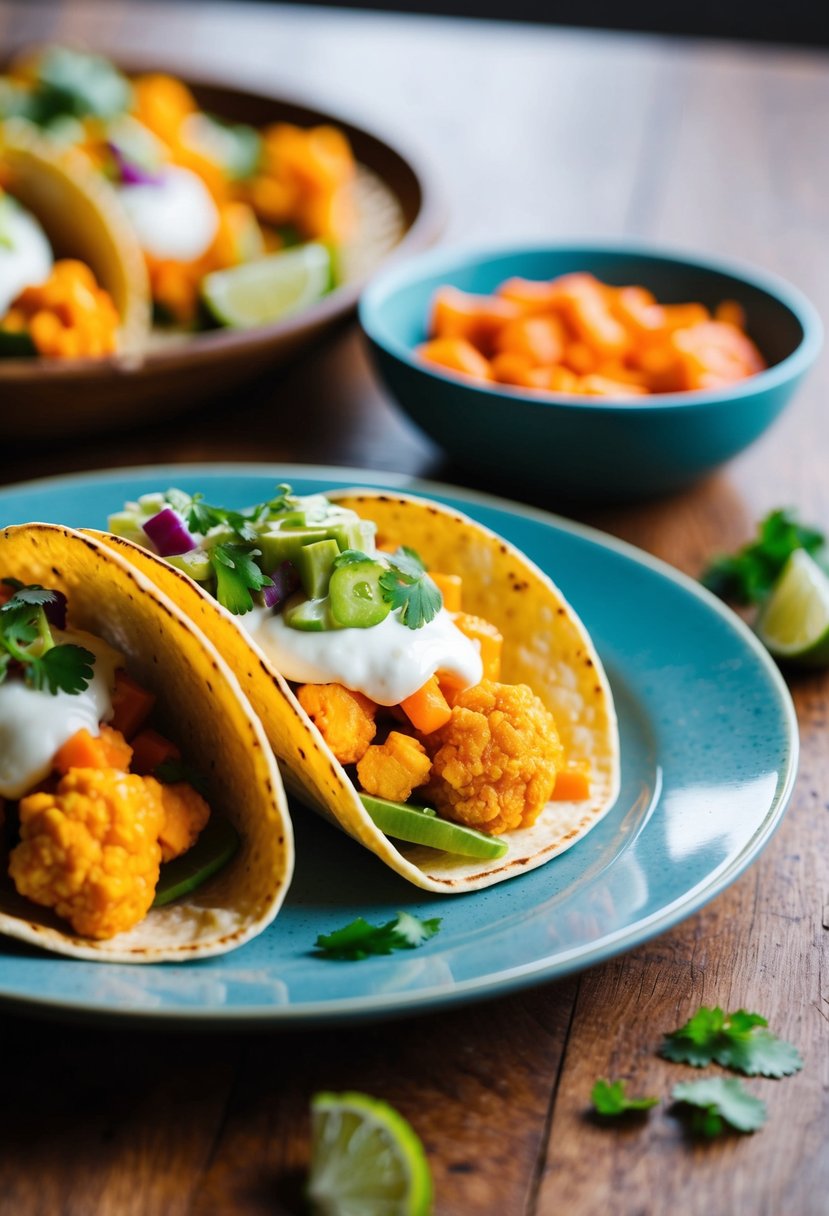 A plate of buffalo cauliflower tacos with colorful toppings on a wooden table