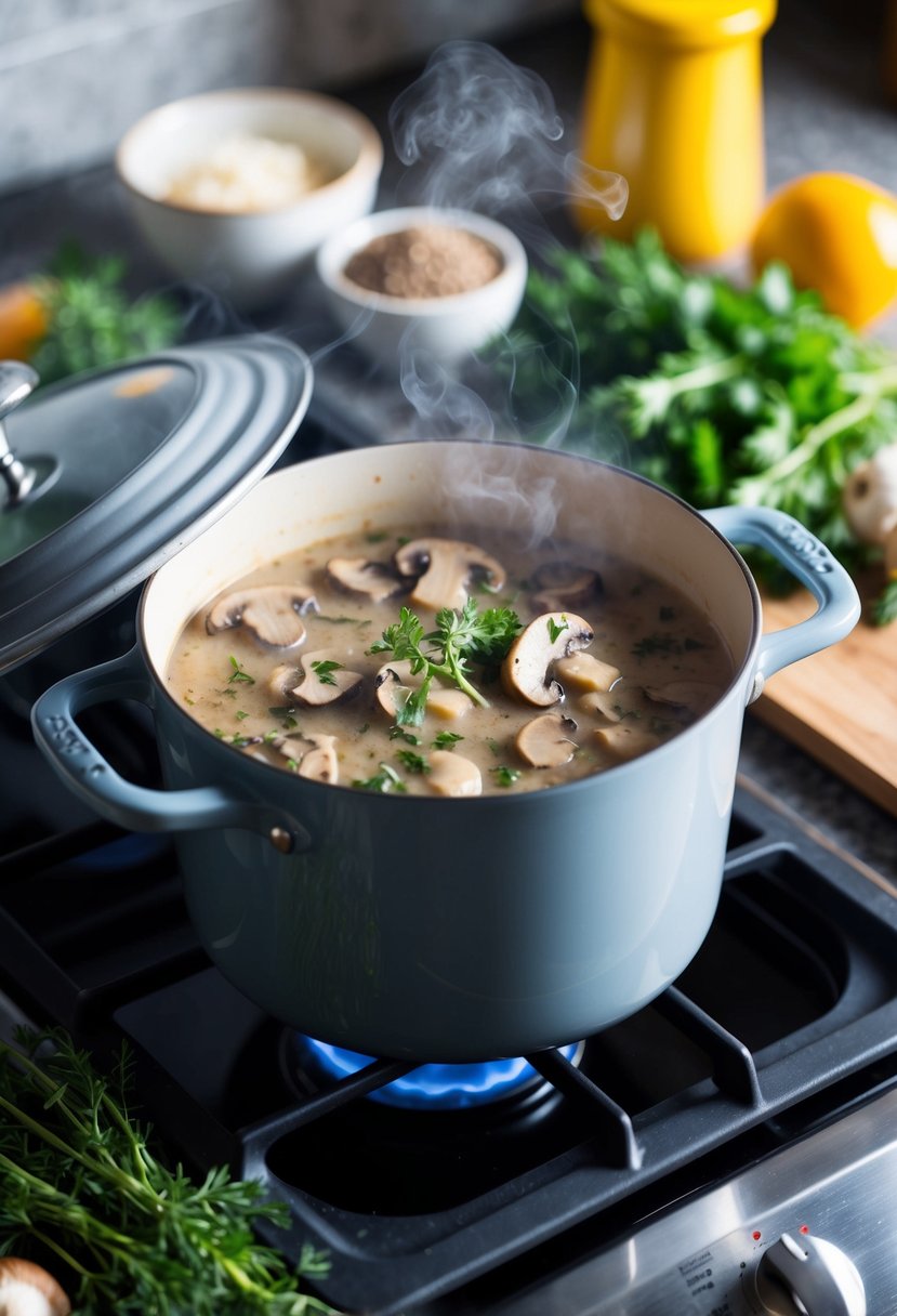 A steaming pot of mushroom stroganoff simmers on a stove, surrounded by fresh herbs and ingredients