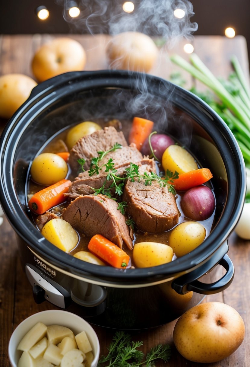 A steaming crockpot filled with tender pot roast, carrots, potatoes, and onions, surrounded by the comforting aroma of slow-cooked beef and vegetables