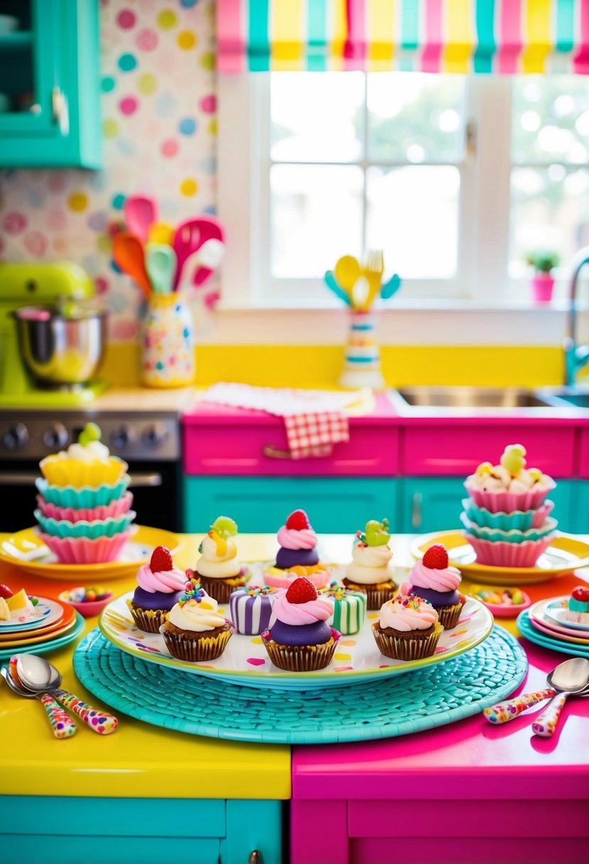 A colorful kitchen counter with an assortment of adorable, bite-sized treats arranged on decorative plates and surrounded by whimsical kitchen utensils