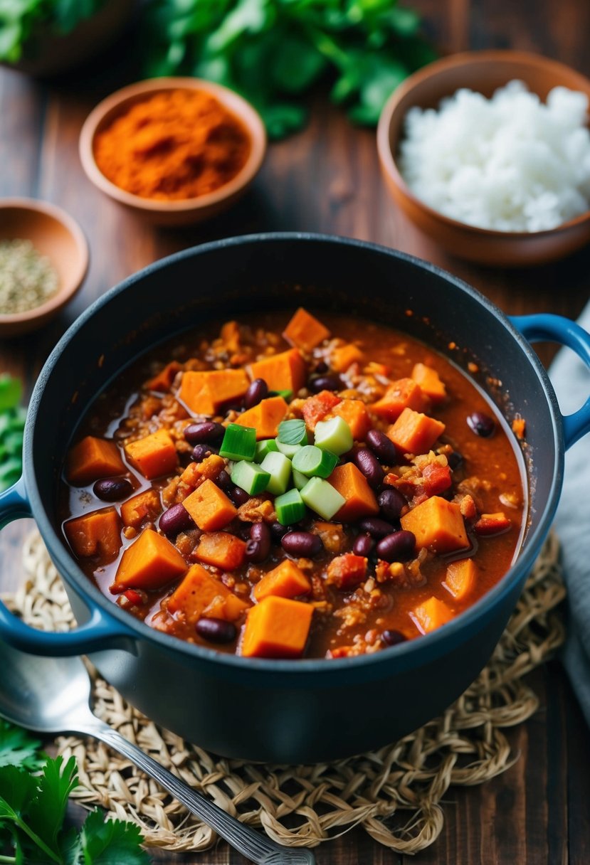 A simmering pot of sweet potato black bean chili with colorful vegetables and aromatic spices