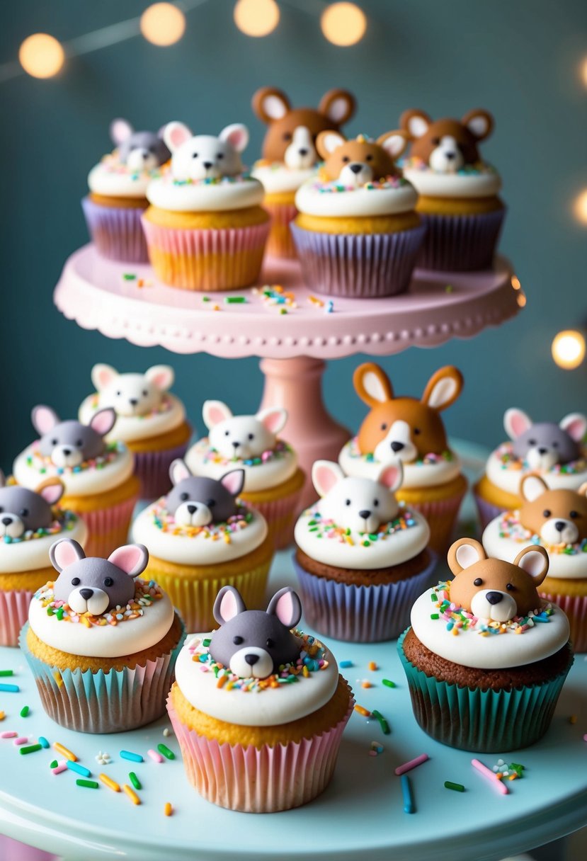 A display of adorable animal cupcakes arranged on a pastel-colored table with decorative sprinkles and frosting