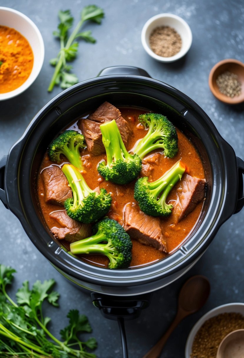 A crockpot filled with tender beef and vibrant broccoli simmering in a savory sauce, surrounded by aromatic herbs and spices