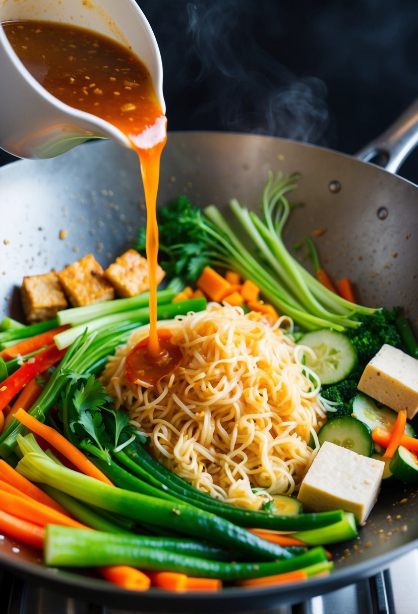 A colorful array of fresh vegetables, tofu, and rice noodles stir-frying in a wok, with a fragrant sauce being poured over the sizzling ingredients